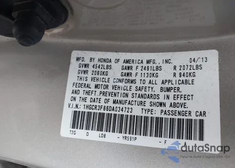 2013 Honda Accord Ex-L V-6 z USA, uszkodzony, nr VIN 1HGCR3F86DA034723